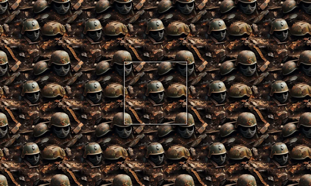 A seamless tile collage of war helmets in dirt