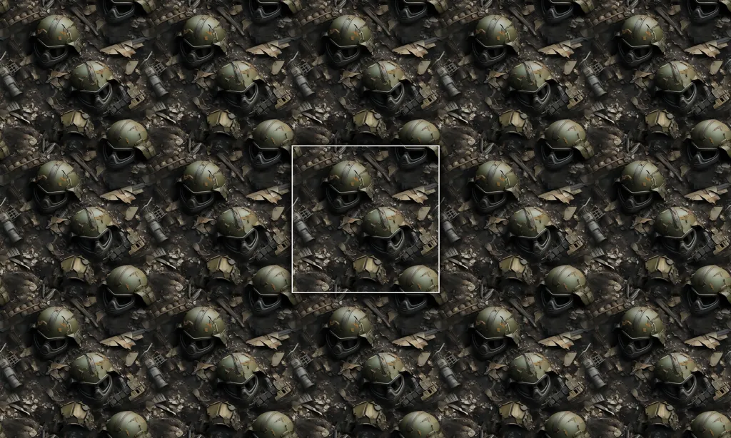 A seamless tile collage of war helmets in dirt