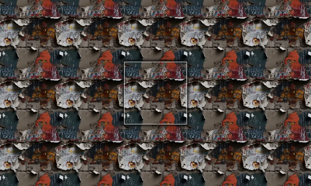 A seamless tile of war propaganda plastered on a brick wall