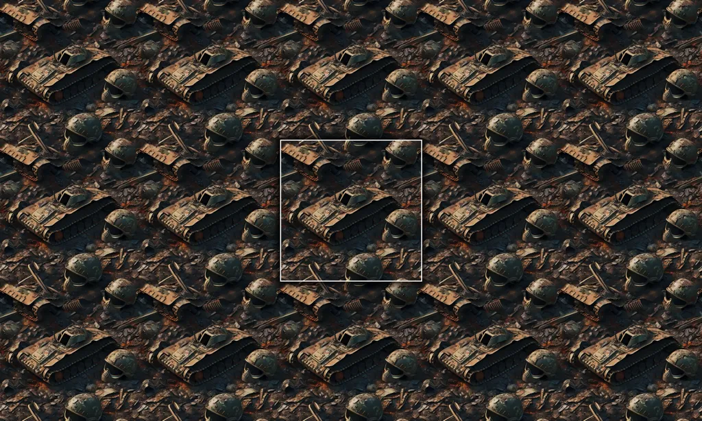 A seamless tile collage of war tanks and helmets in dirt