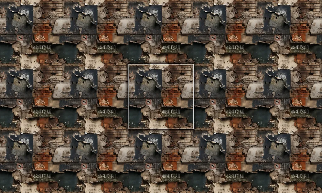 A seamless tile of war propaganda plastered on a brick wall