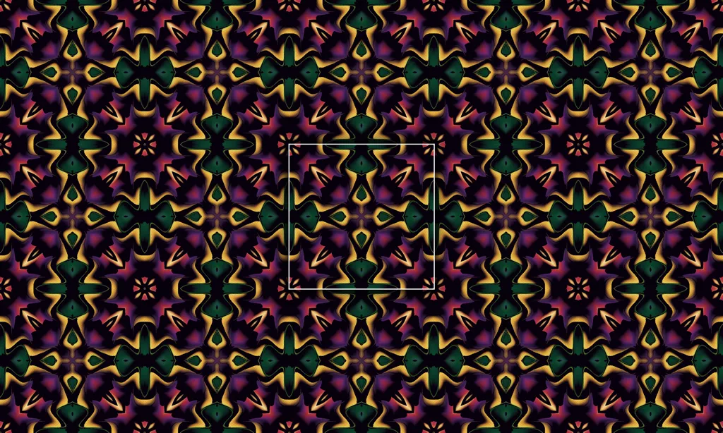 A colorful geometric mosaic kaleidoscope in a mirrored pattern