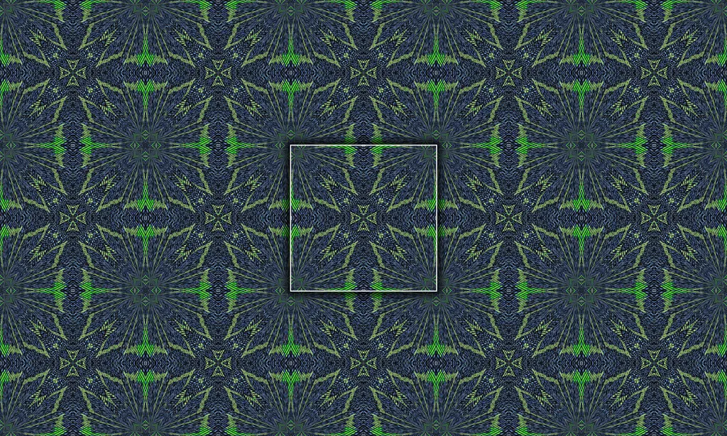 A colorful geometric mosaic kaleidoscope in a mirrored pattern