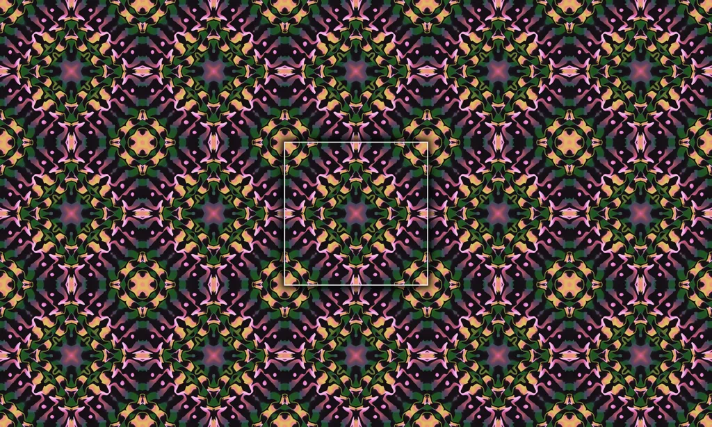A colorful geometric mosaic kaleidoscope in a mirrored pattern