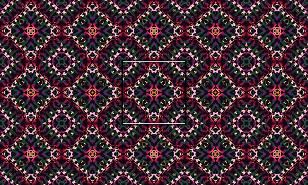 A colorful geometric mosaic kaleidoscope in a mirrored pattern