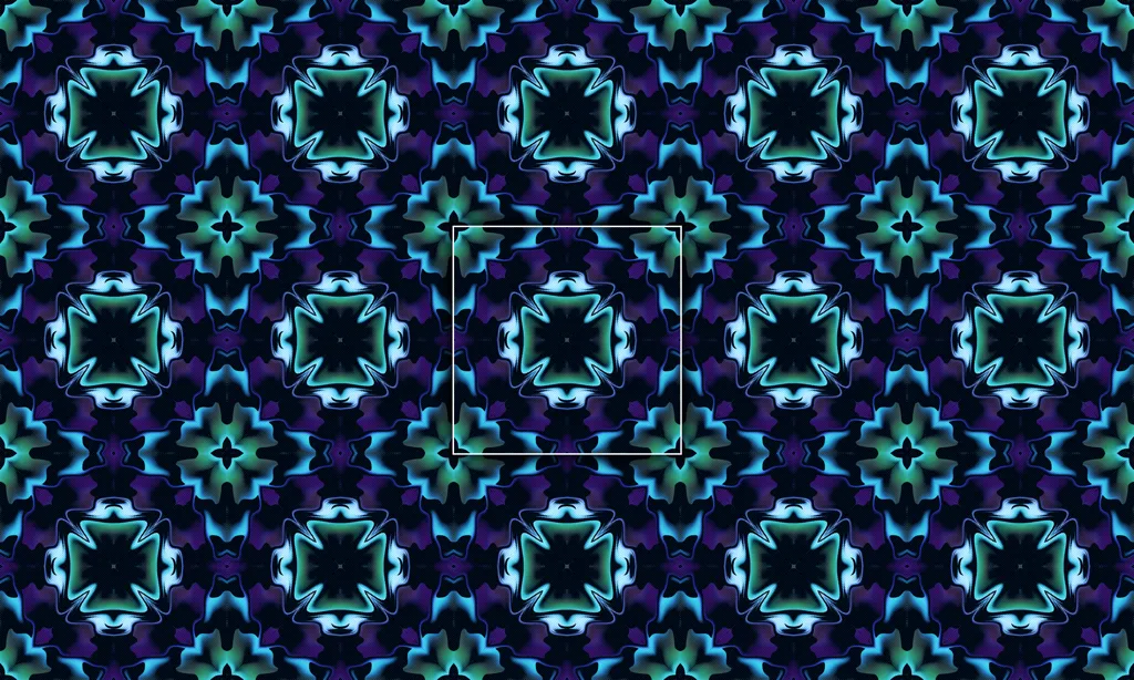 A colorful geometric mosaic kaleidoscope in a mirrored pattern