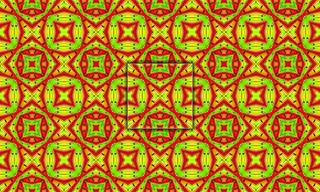 A colorful geometric mosaic kaleidoscope in a mirrored pattern