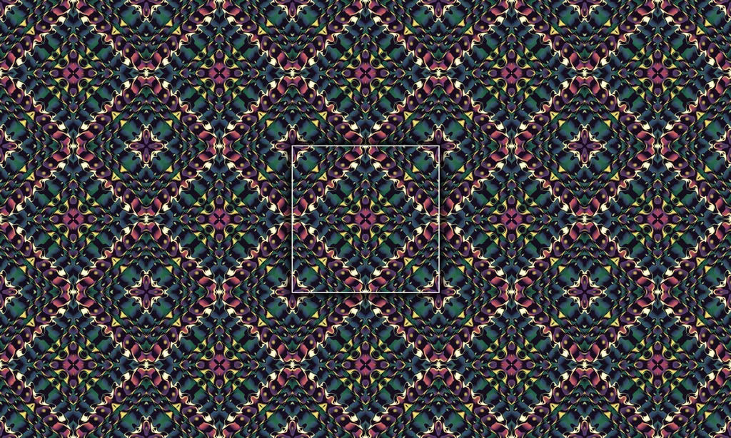 A colorful geometric mosaic kaleidoscope in a mirrored pattern