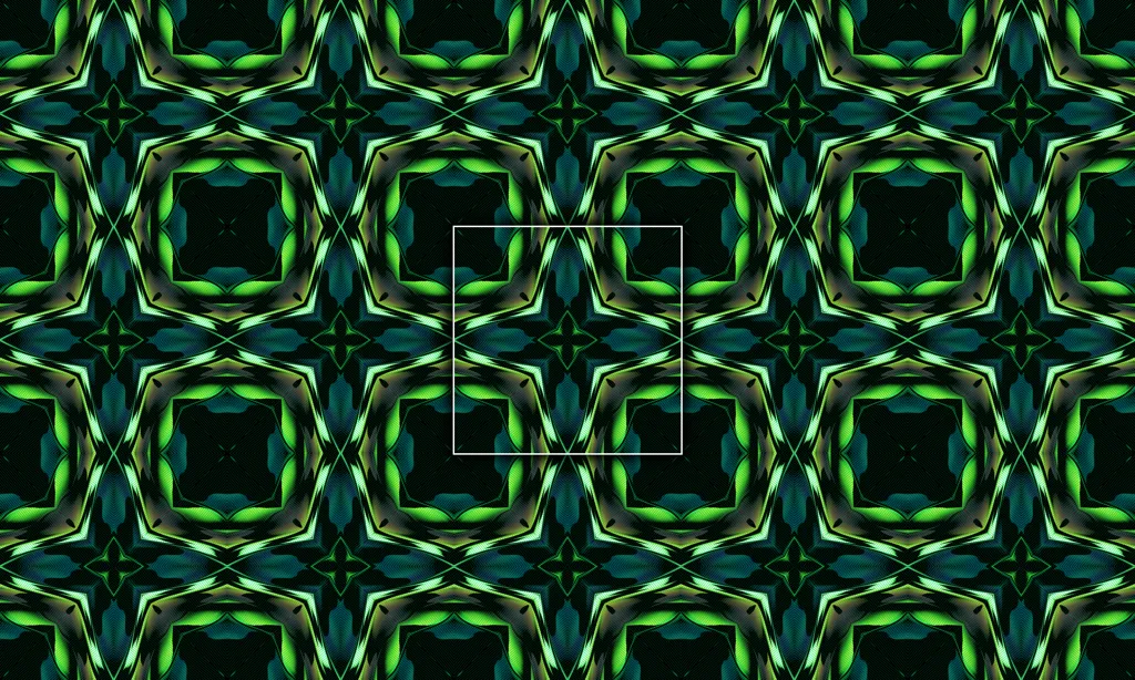 A colorful geometric mosaic kaleidoscope in a mirrored pattern