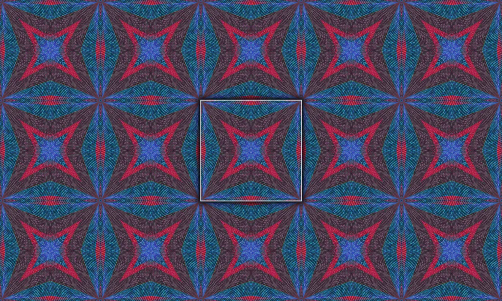 A colorful geometric mosaic kaleidoscope in a mirrored pattern