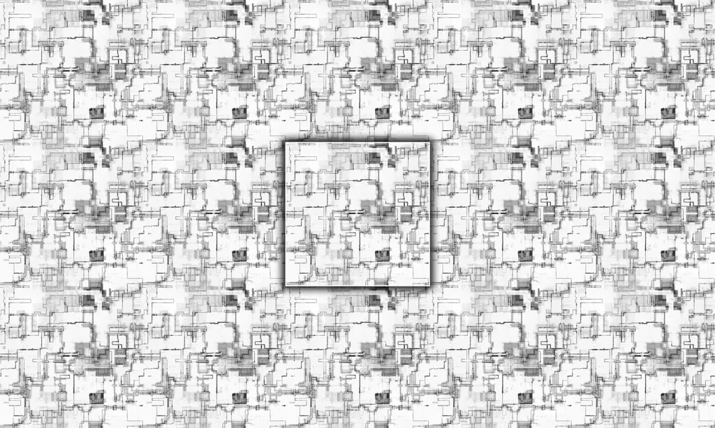 Alien schematic-like etching on metal surface