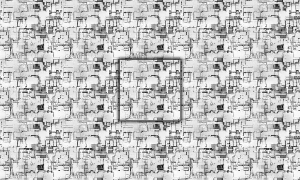 Alien schematic-like etching on metal surface