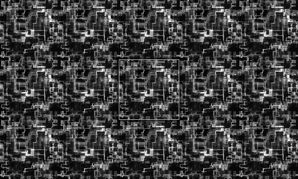 Alien schematic-like etching on metal surface