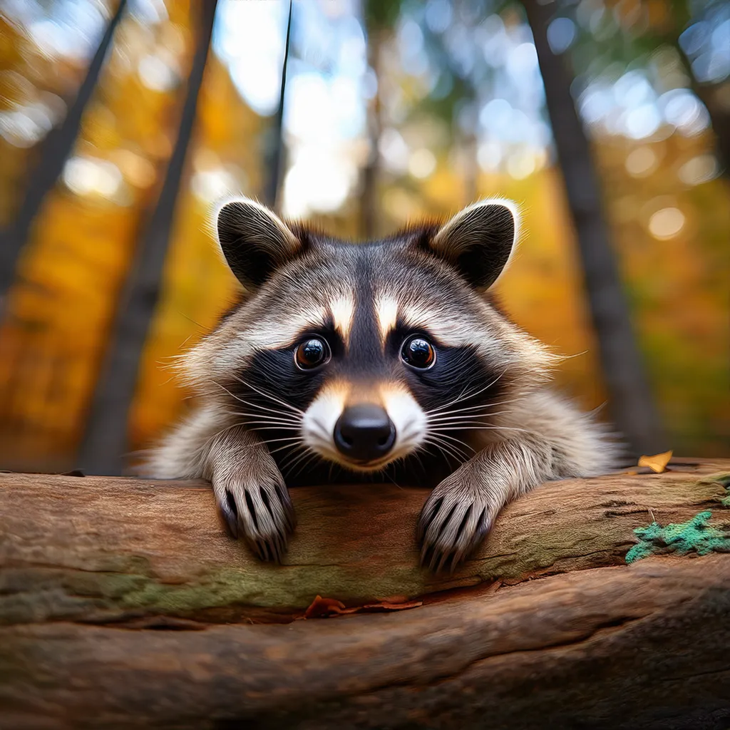 A shy raccoon hiding behind a tree
