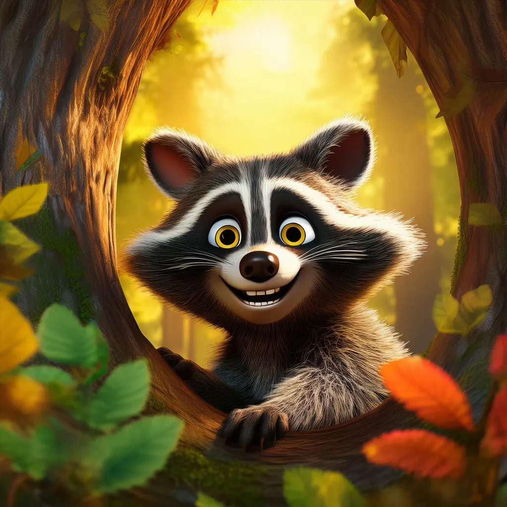 A happy curious raccoon looking insiade a log