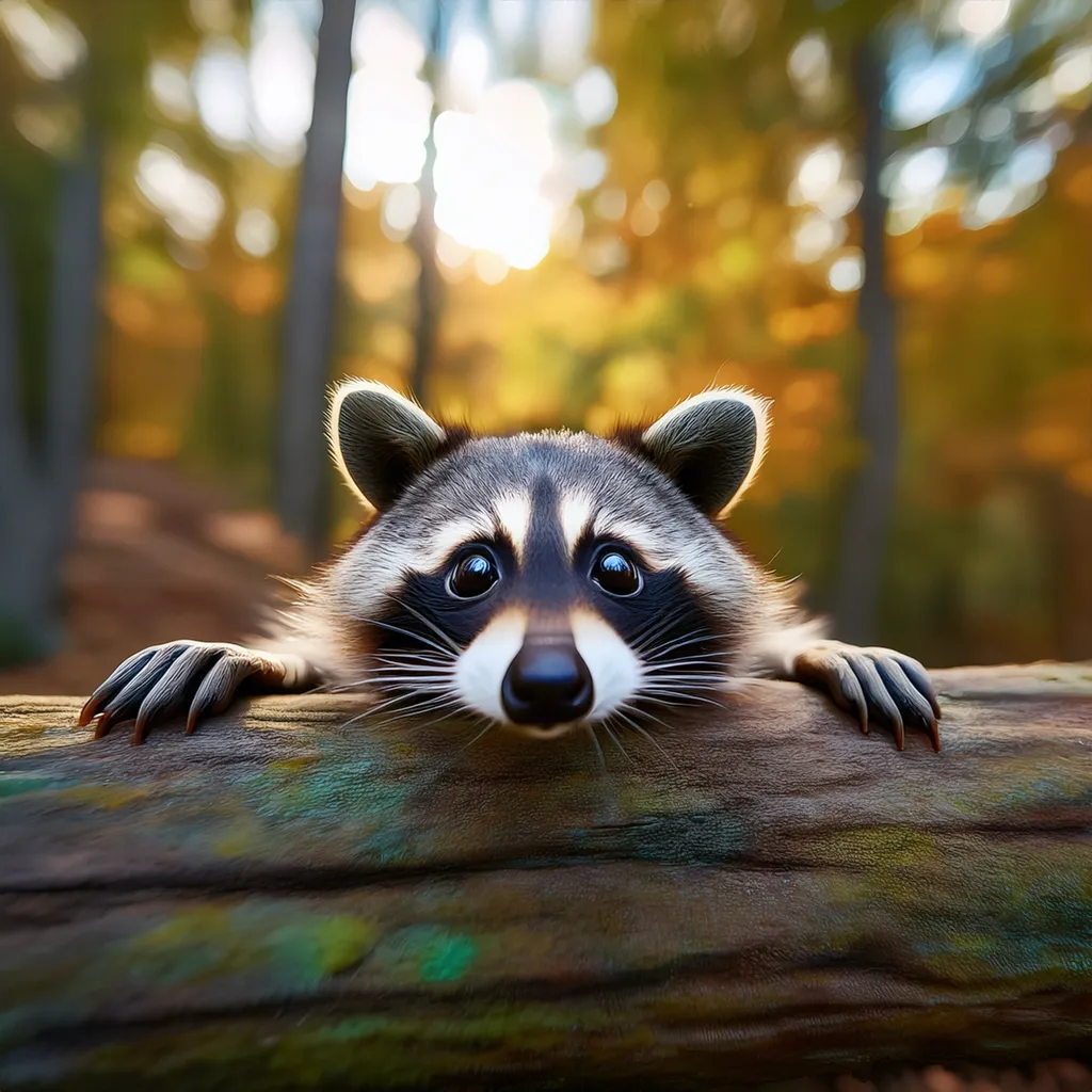 A shy raccoon hiding behind a tree