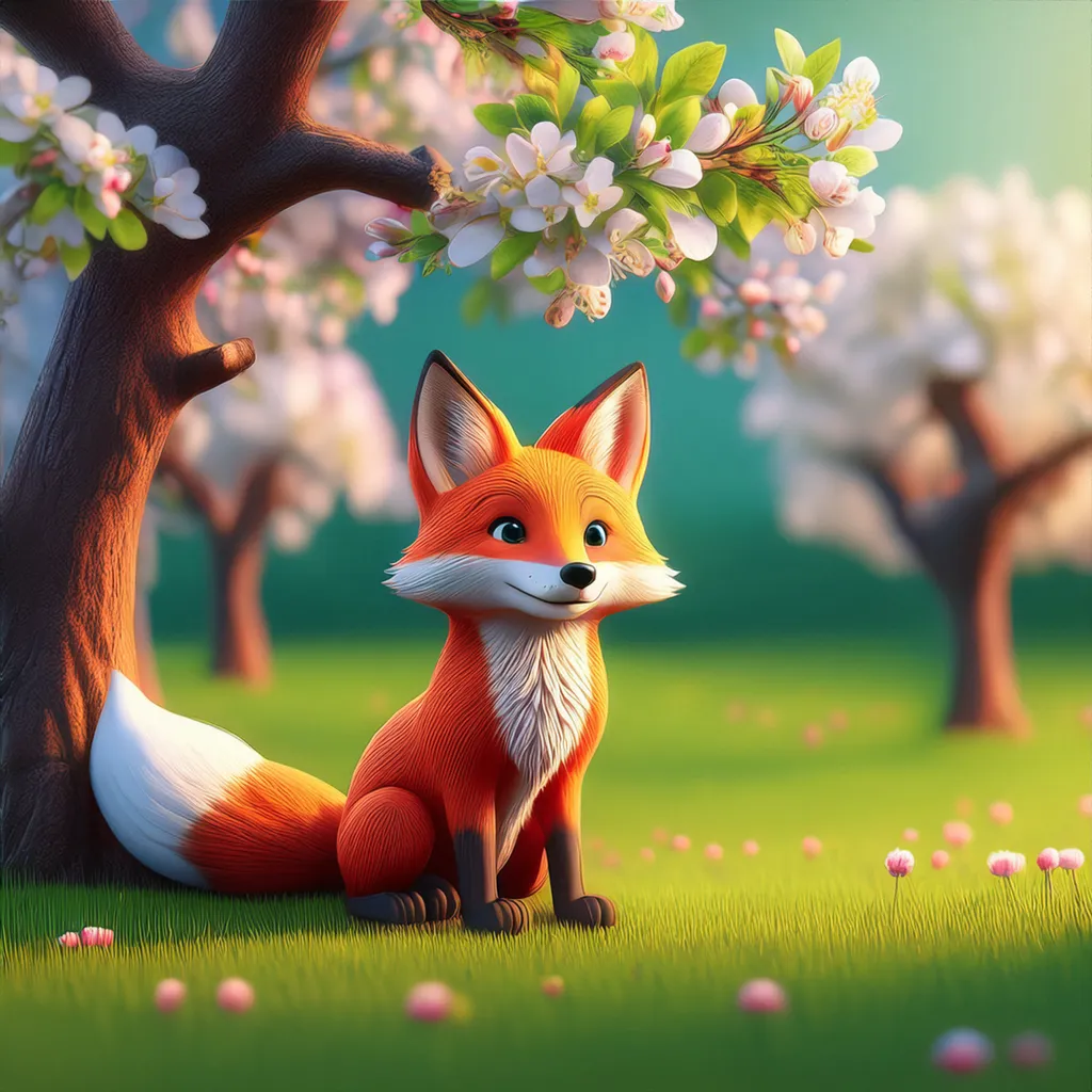 A relaxed fox sitting in the woods under a apple blossom tree