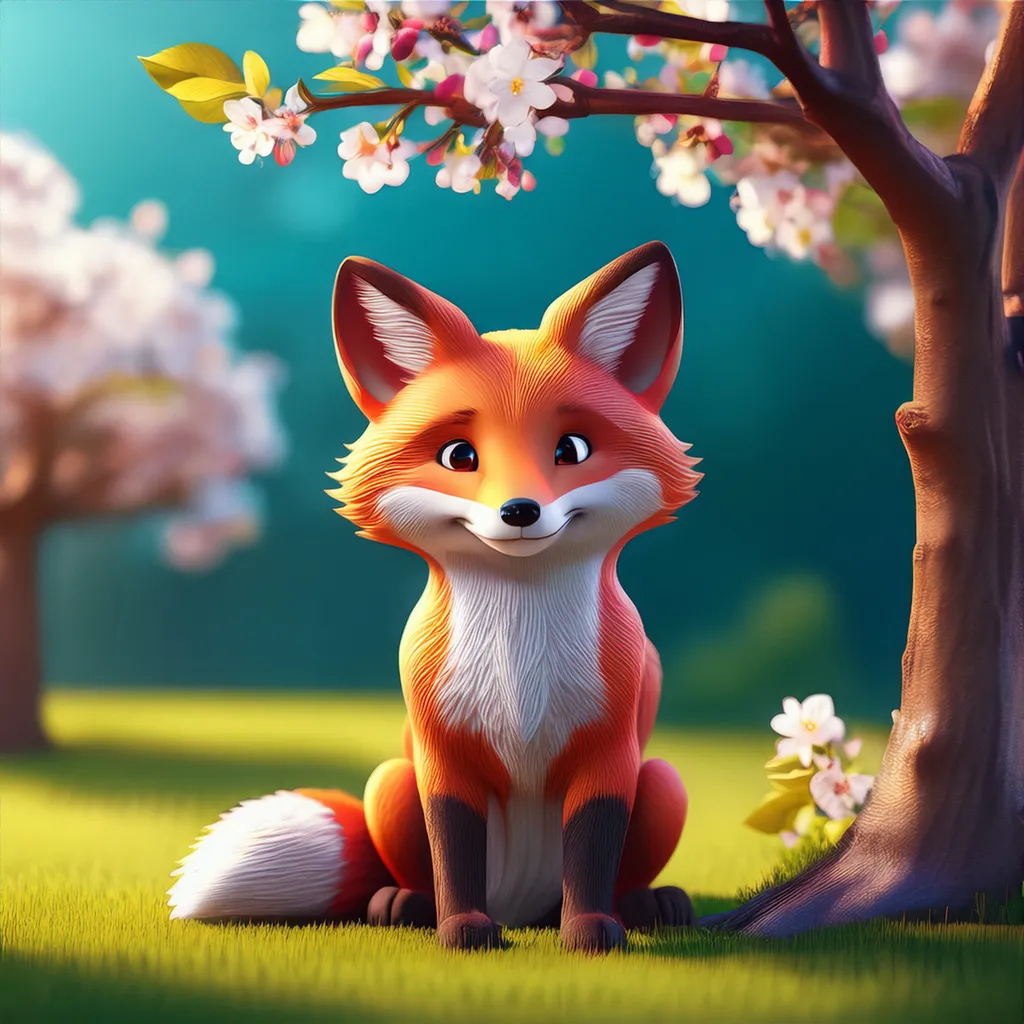 A relaxed fox sitting in the woods under a apple blossom tree
