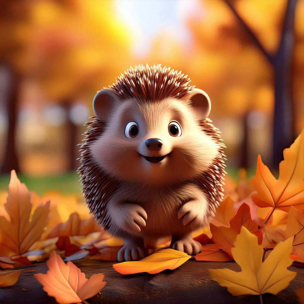 A happy hedgehog running through fall leaves