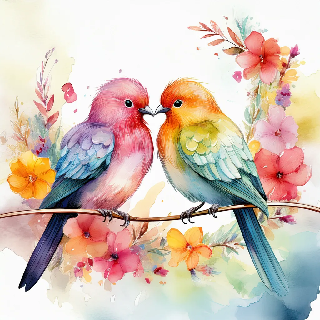 A watercolor image of two birds in love