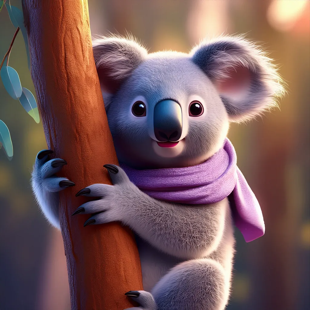 A koala wearing a purple scarf clinging to a tree trunk