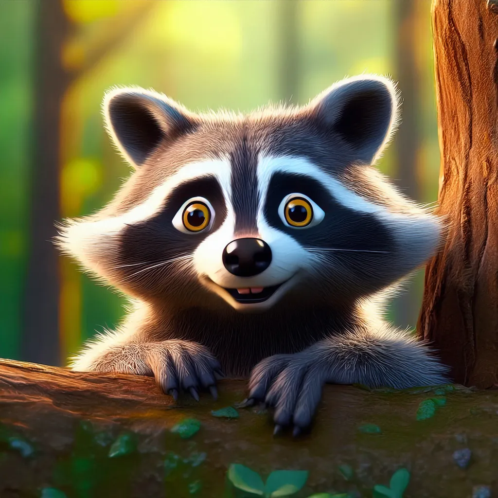 A smiling raccoon holding on to a tree