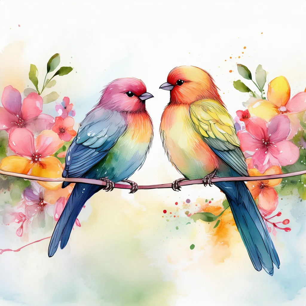A watercolor image of two birds in love