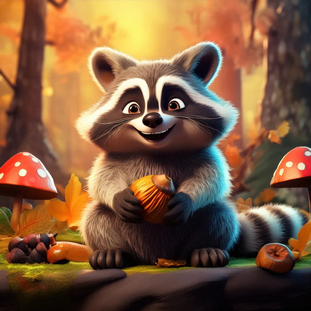a happy raccoon holding a nut