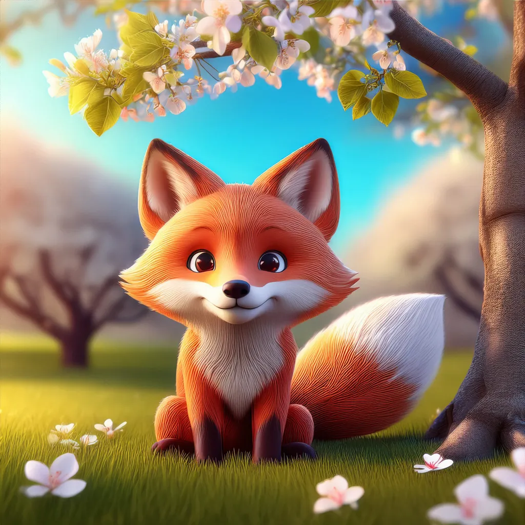 A relaxed fox sitting in the woods under a apple blossom tree