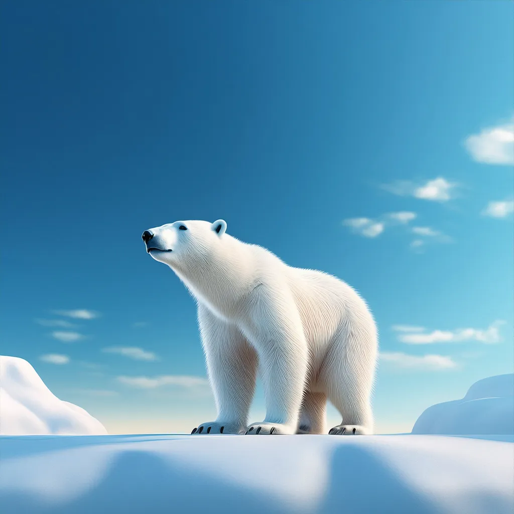 A large polar bear standing on ice looking away