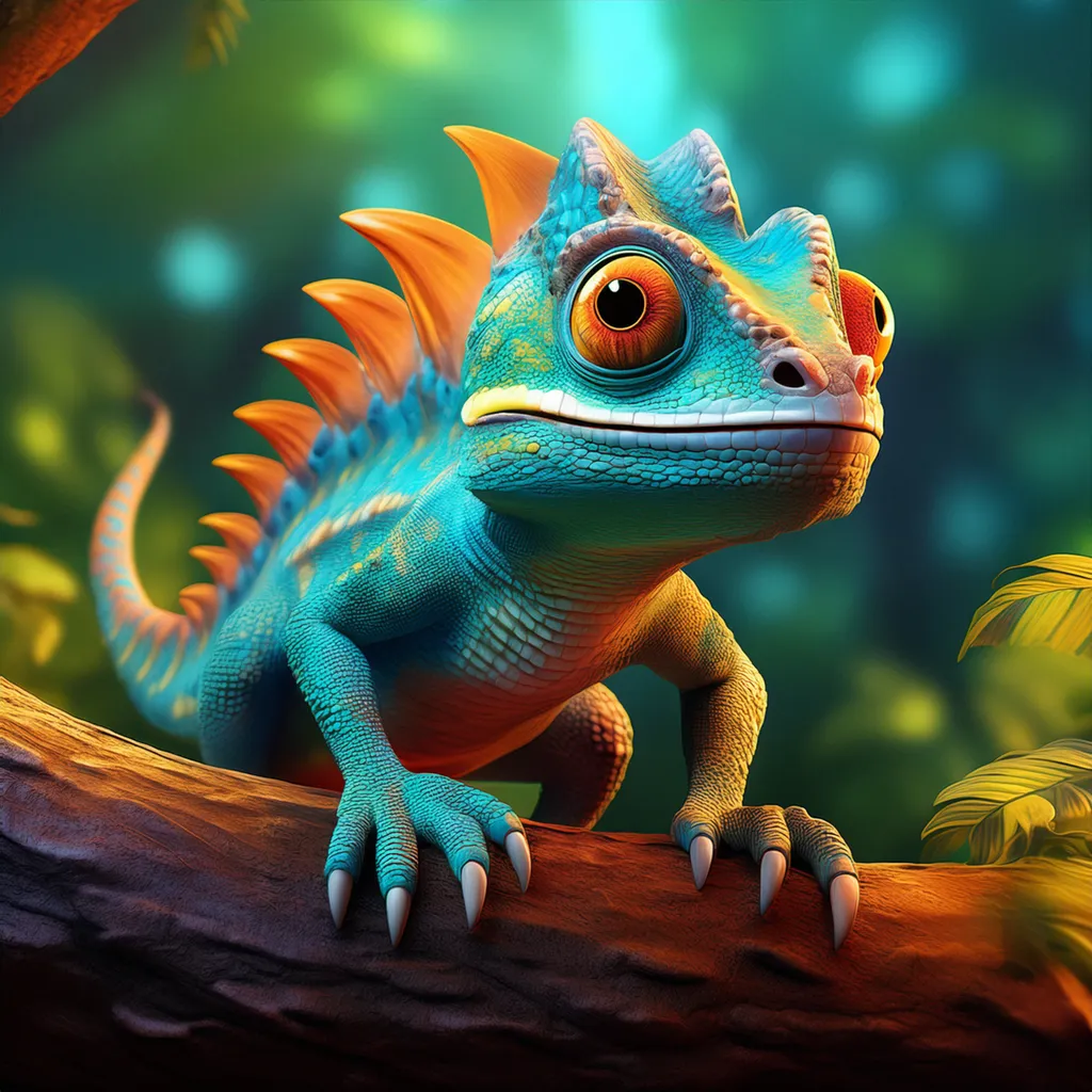 A colorful chameleon holding onto a tree branch