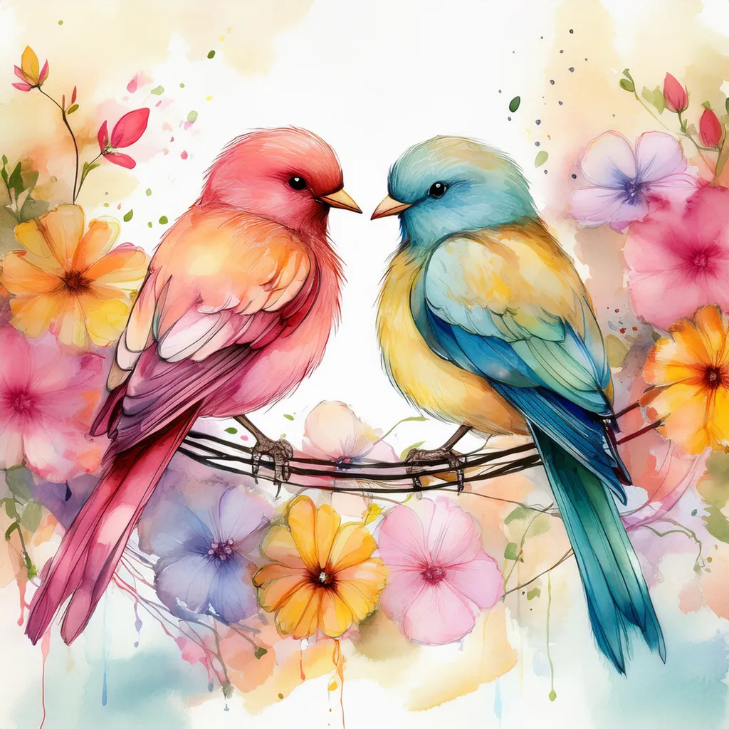 A watercolor image of two birds in love