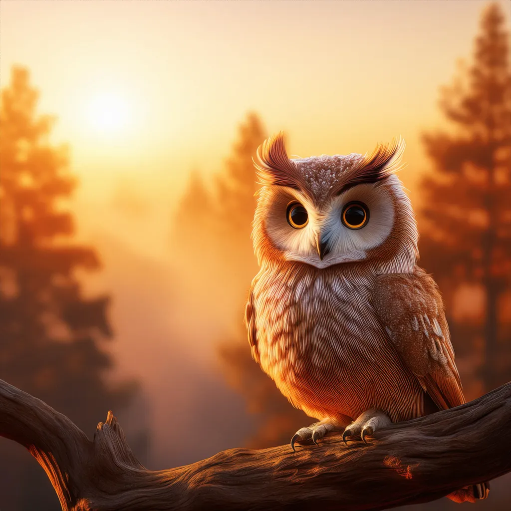 An owl at sunset while sitting on a tree limb