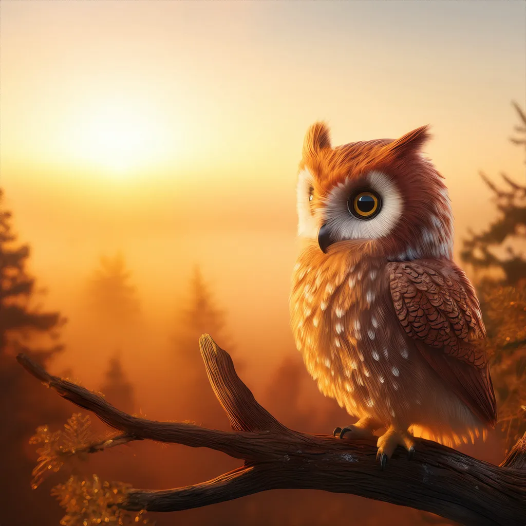 An owl at sunset while sitting on a tree limb
