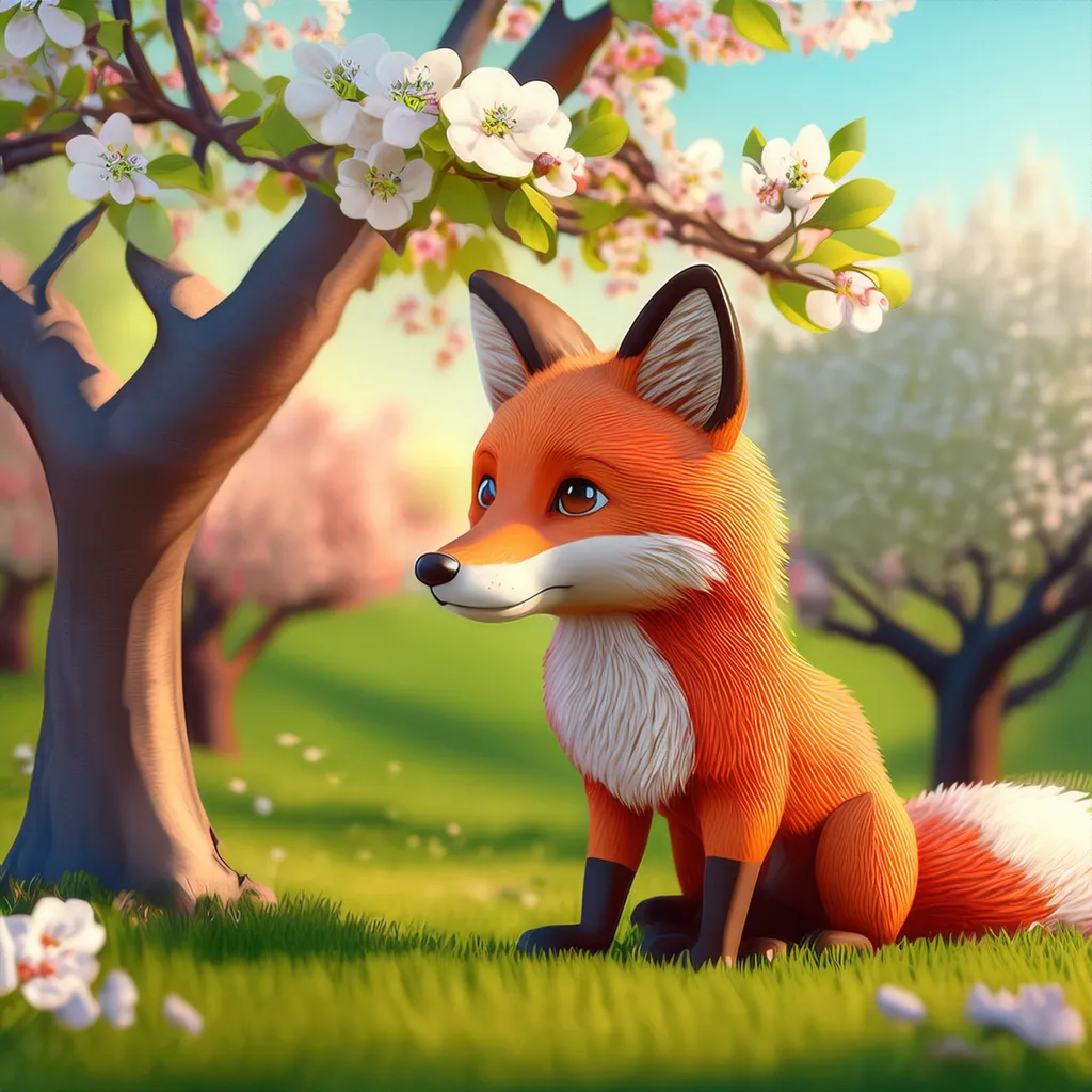 A relaxed fox sitting in the woods under a apple blossom tree