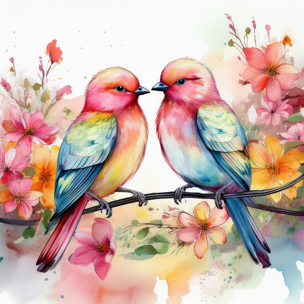 A watercolor image of two birds in love with a background of flowers