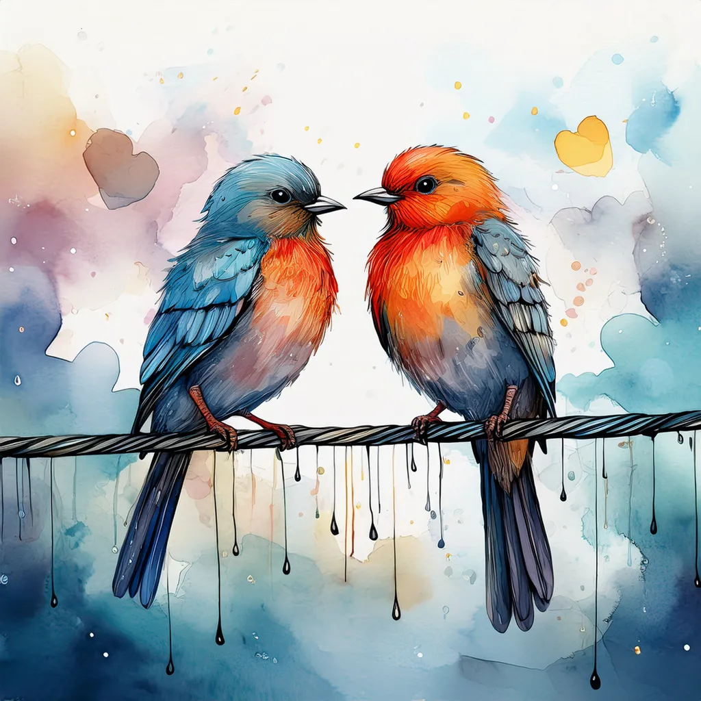 A watercolor image of two birds in love