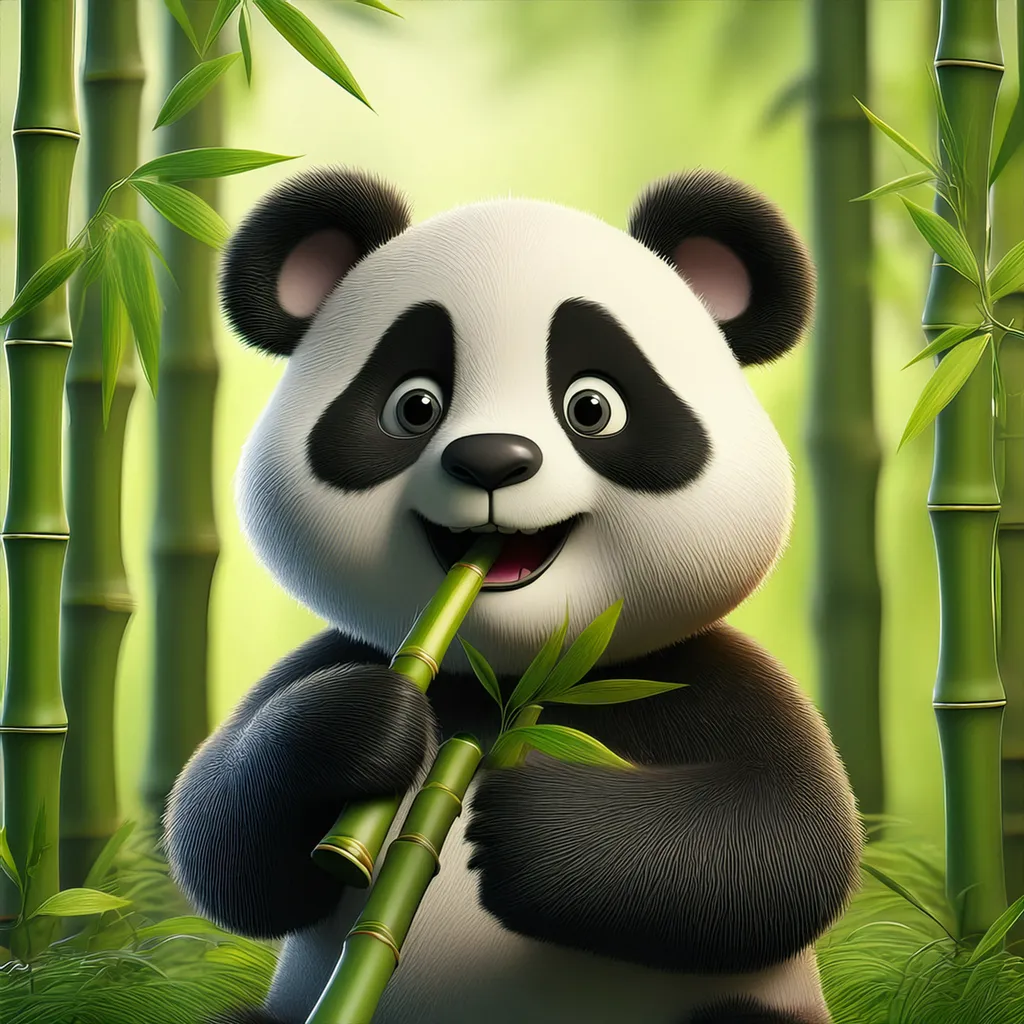 A happy panda chewing on bamboo