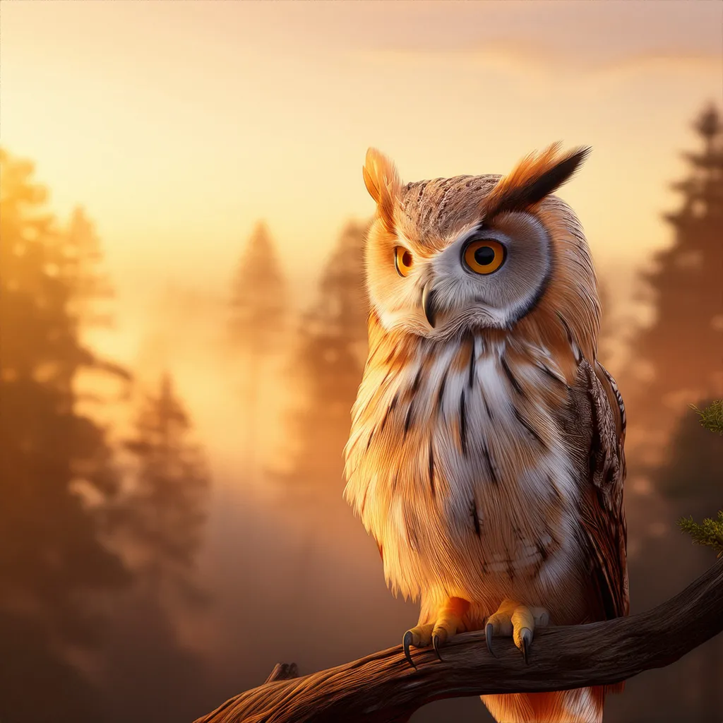 An owl at sunset while sitting on a tree limb