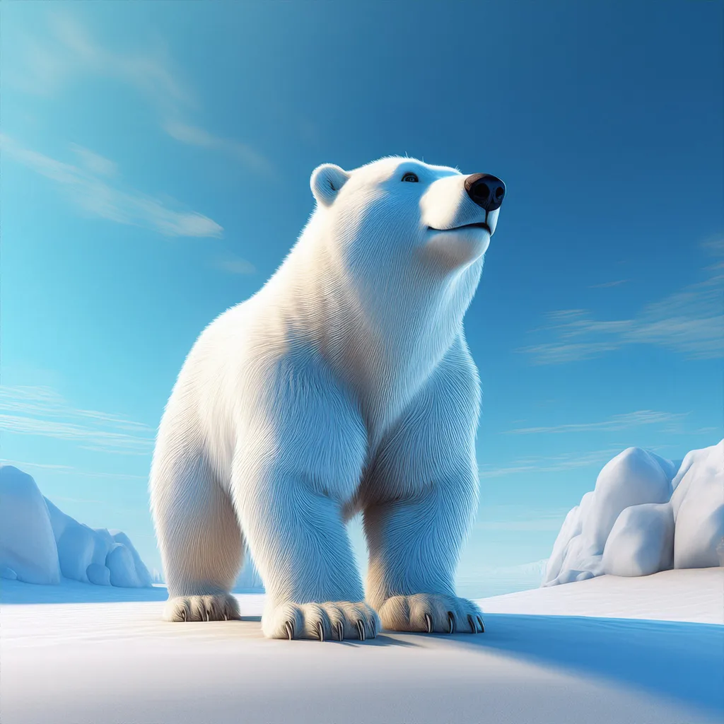 A large polar bear standing on ice looking away