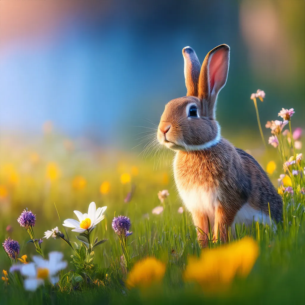 A curious young rabbit in a field of flowers