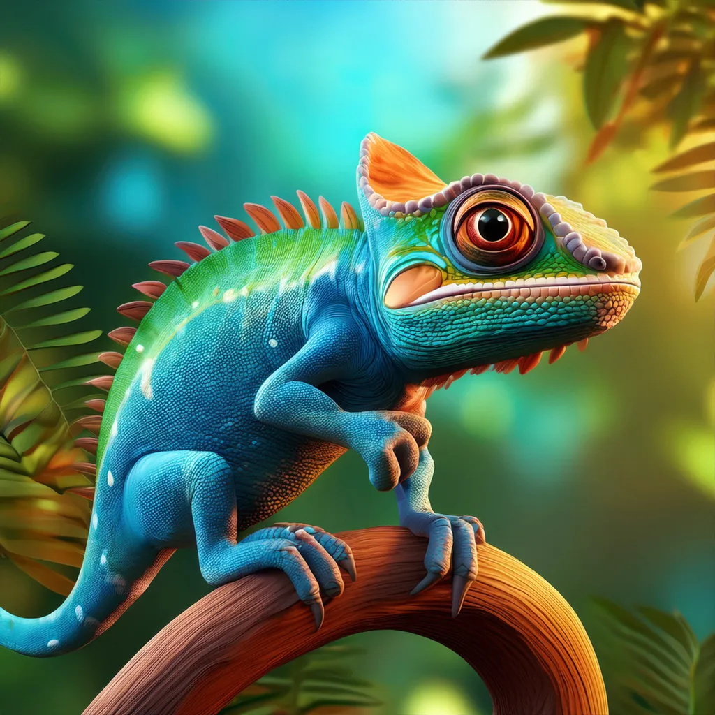 A cute chameleon holding onto a tree branch