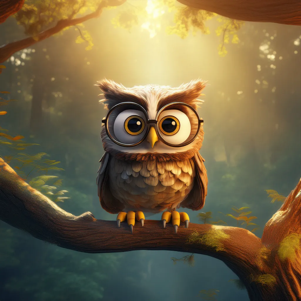 An owl wearing glasses sitting on a tree limb