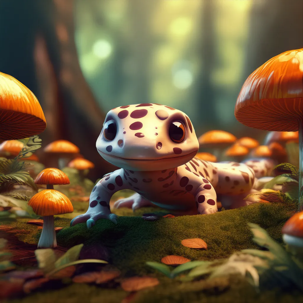 A happy salamander surrounded by forest mushrooms