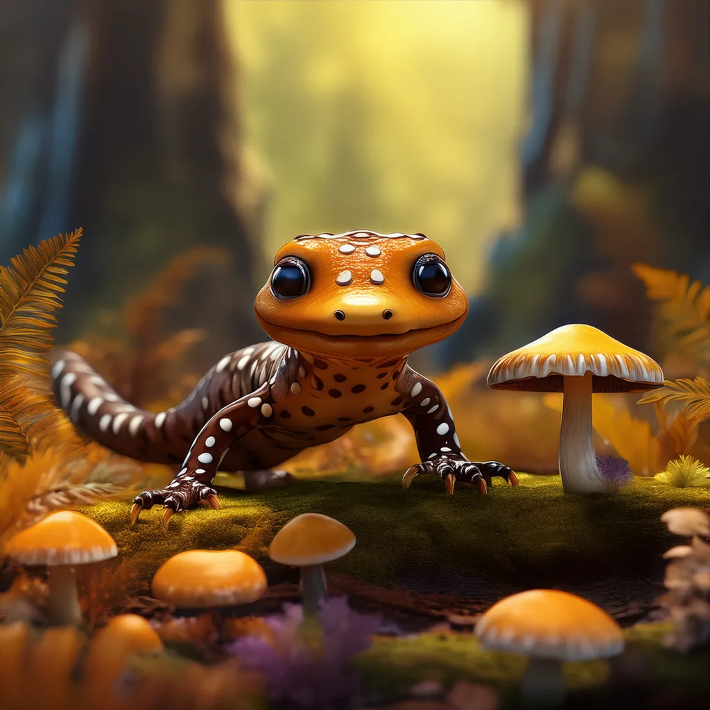 A happy salamander surrounded by forest mushrooms