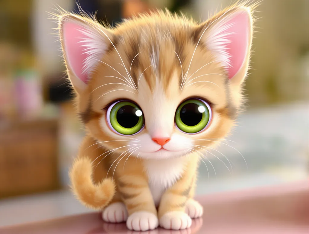An cute big-eyed kitten sitting on the floor