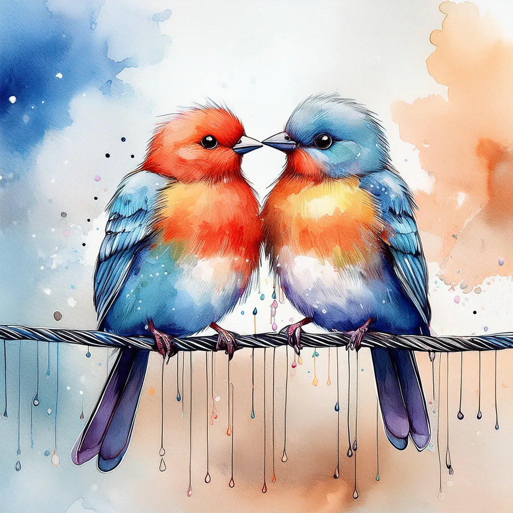 A watercolor image of two birds in love on a wire