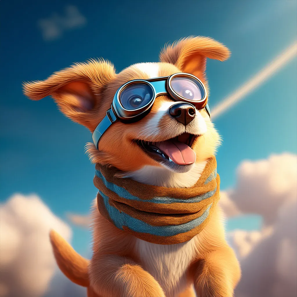 A dog jumping with goggles and a scarf