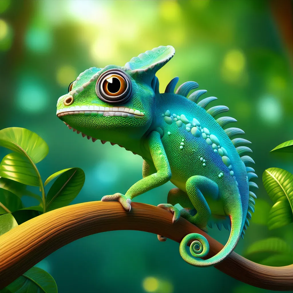 A cute chameleon holding onto a tree branch