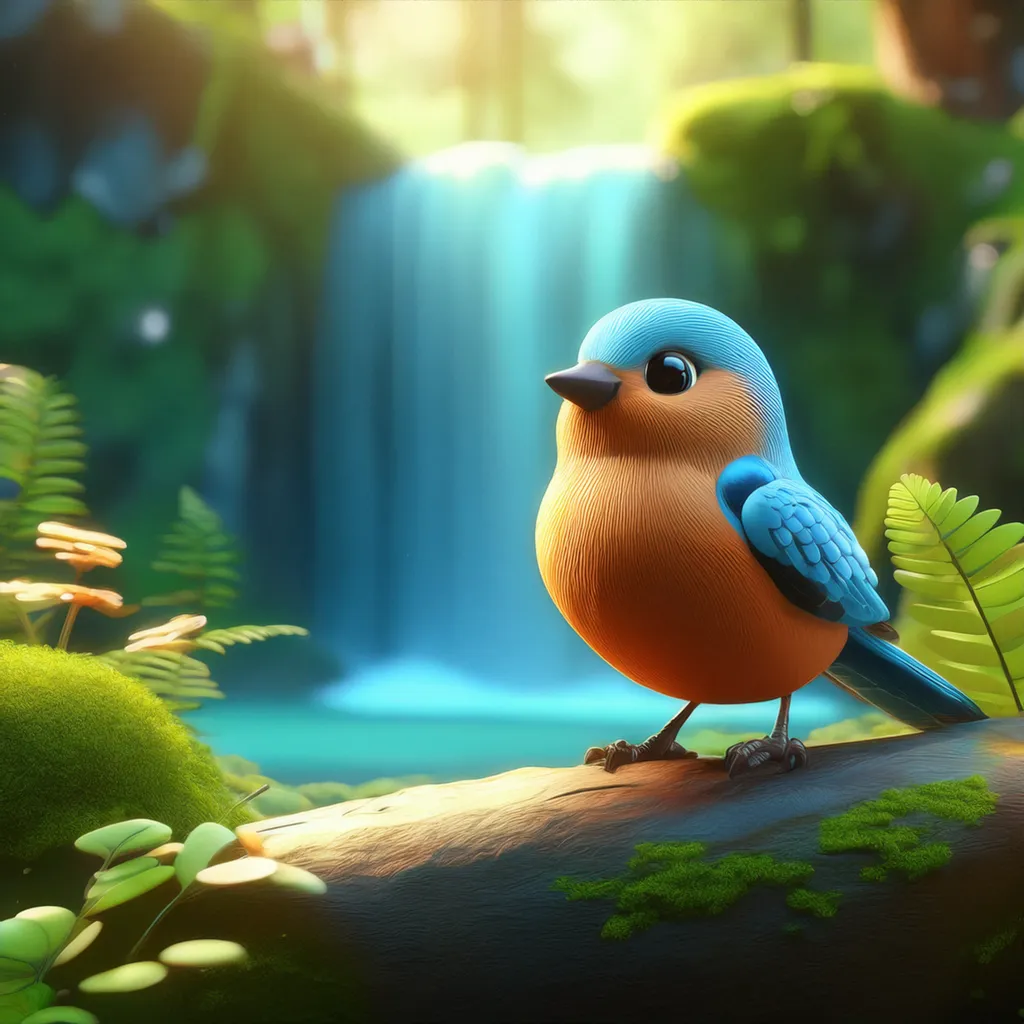 A happy little blue bird standing on a log